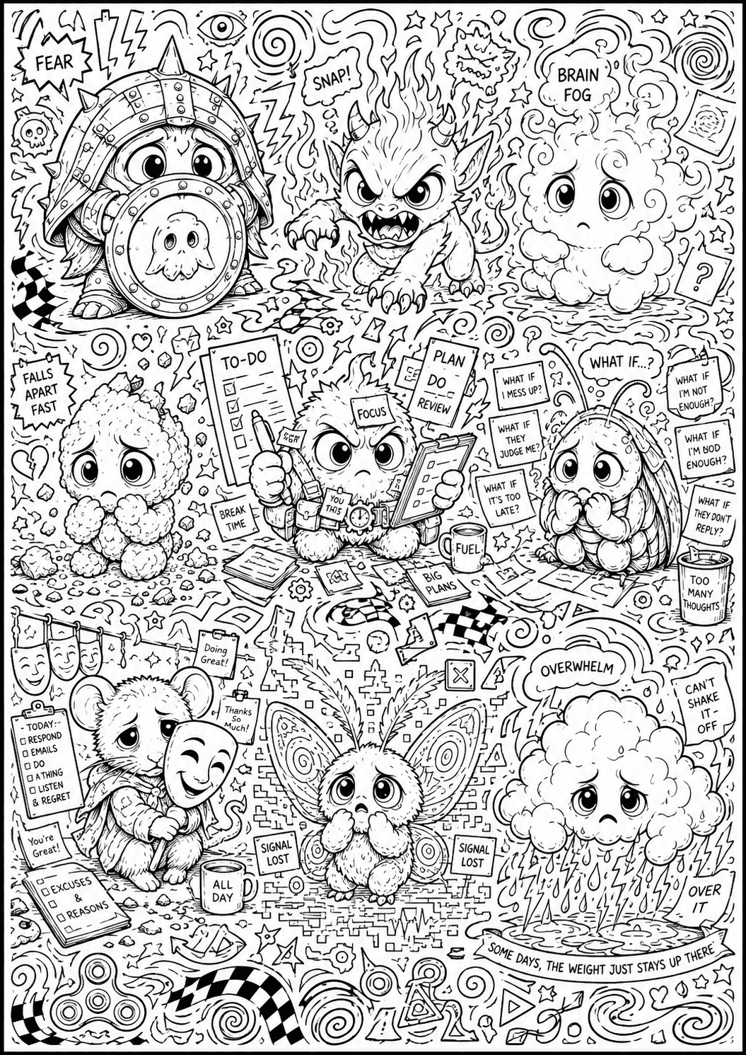 Black and white 8DHD colouring page with emotional creatures and ADHD doodles