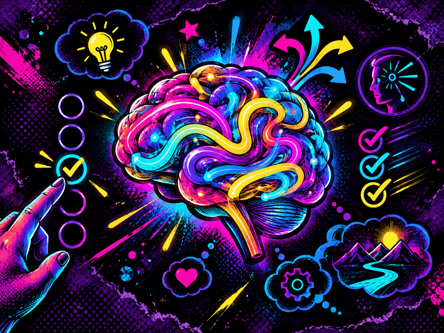 Colourful illustrated brain with check controls representing the 8DHD ADHD self-check