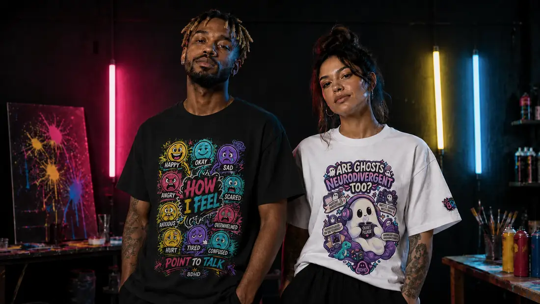 Two models wearing expressive 8DHD neurodivergent clothing in a neon studio
