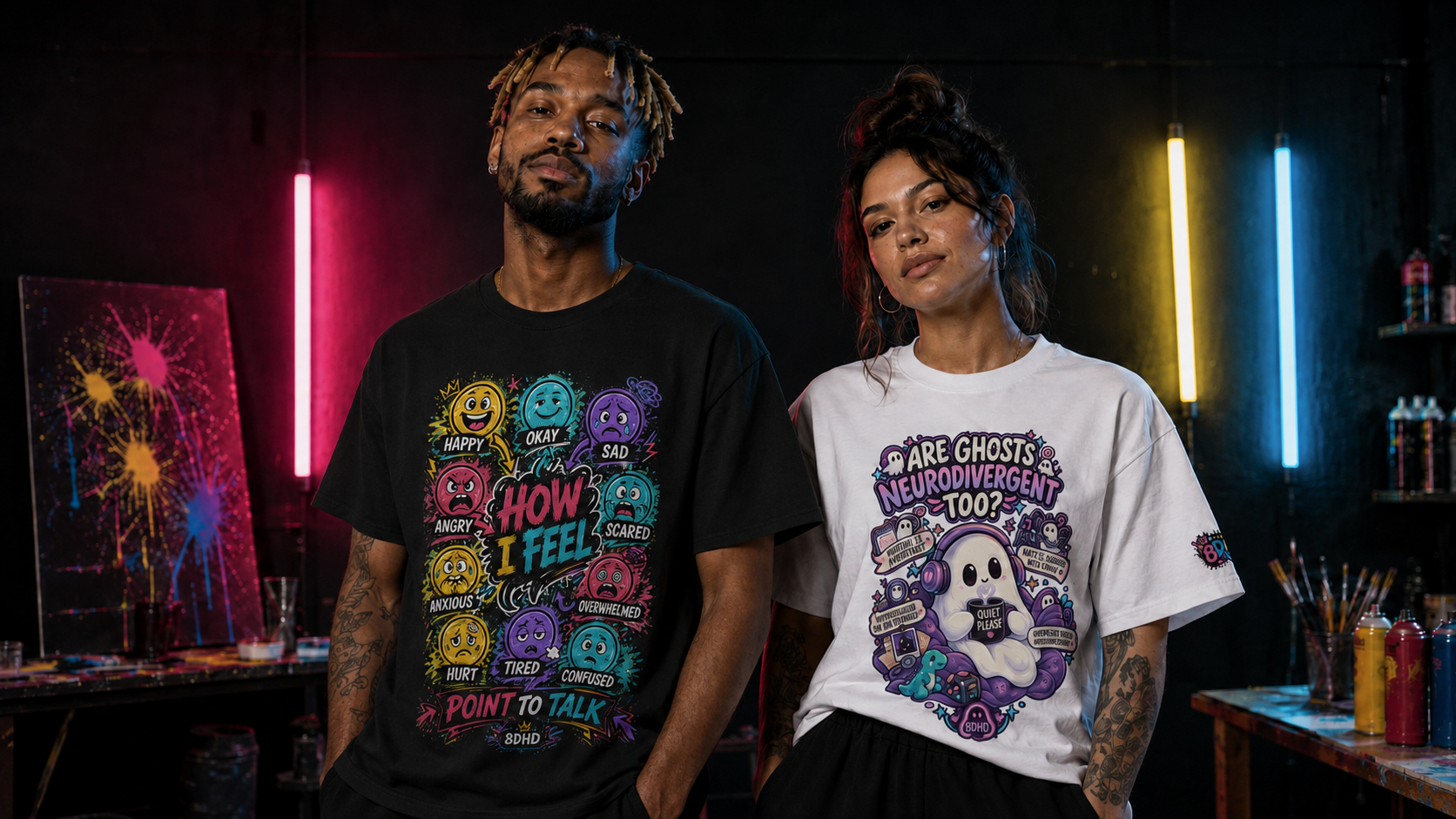 Two models wearing expressive 8DHD neurodivergent clothing in a neon studio