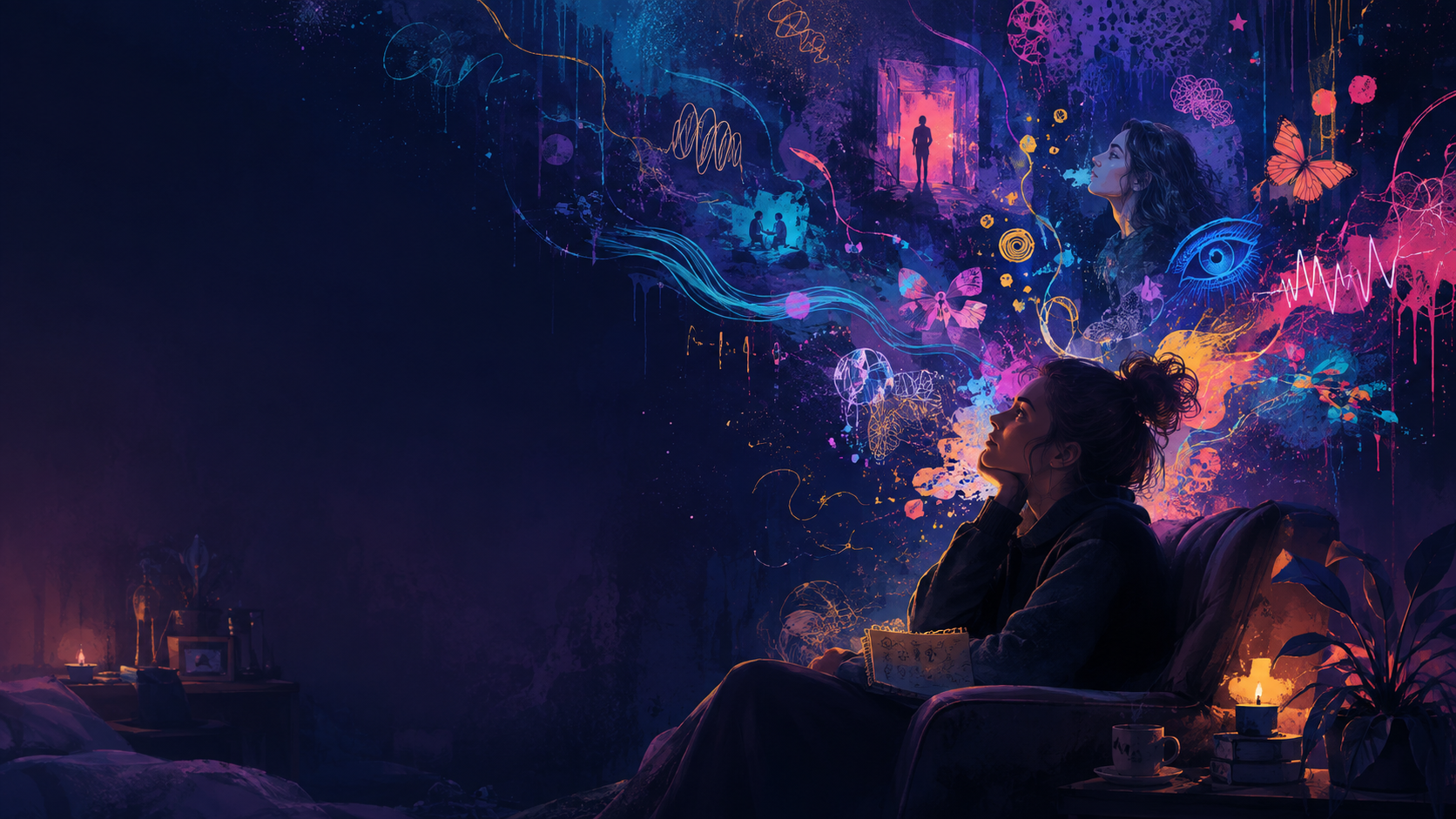 A reflective neurodivergent person surrounded by layered thoughts, feelings and sensory imagery